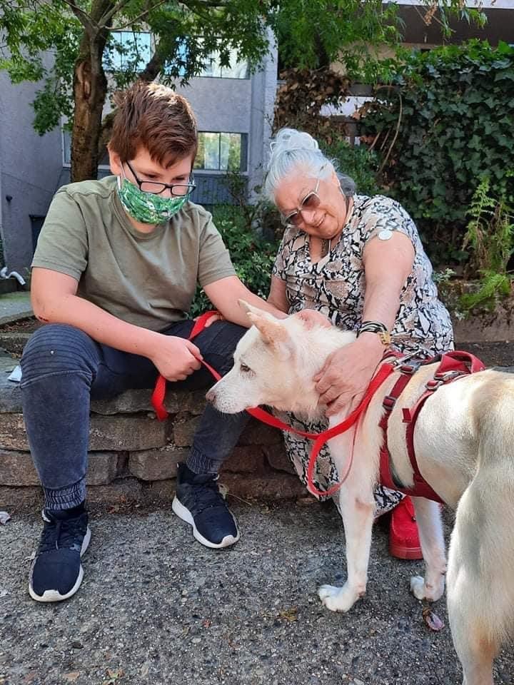 Gongju with Ann in a red leash and harness